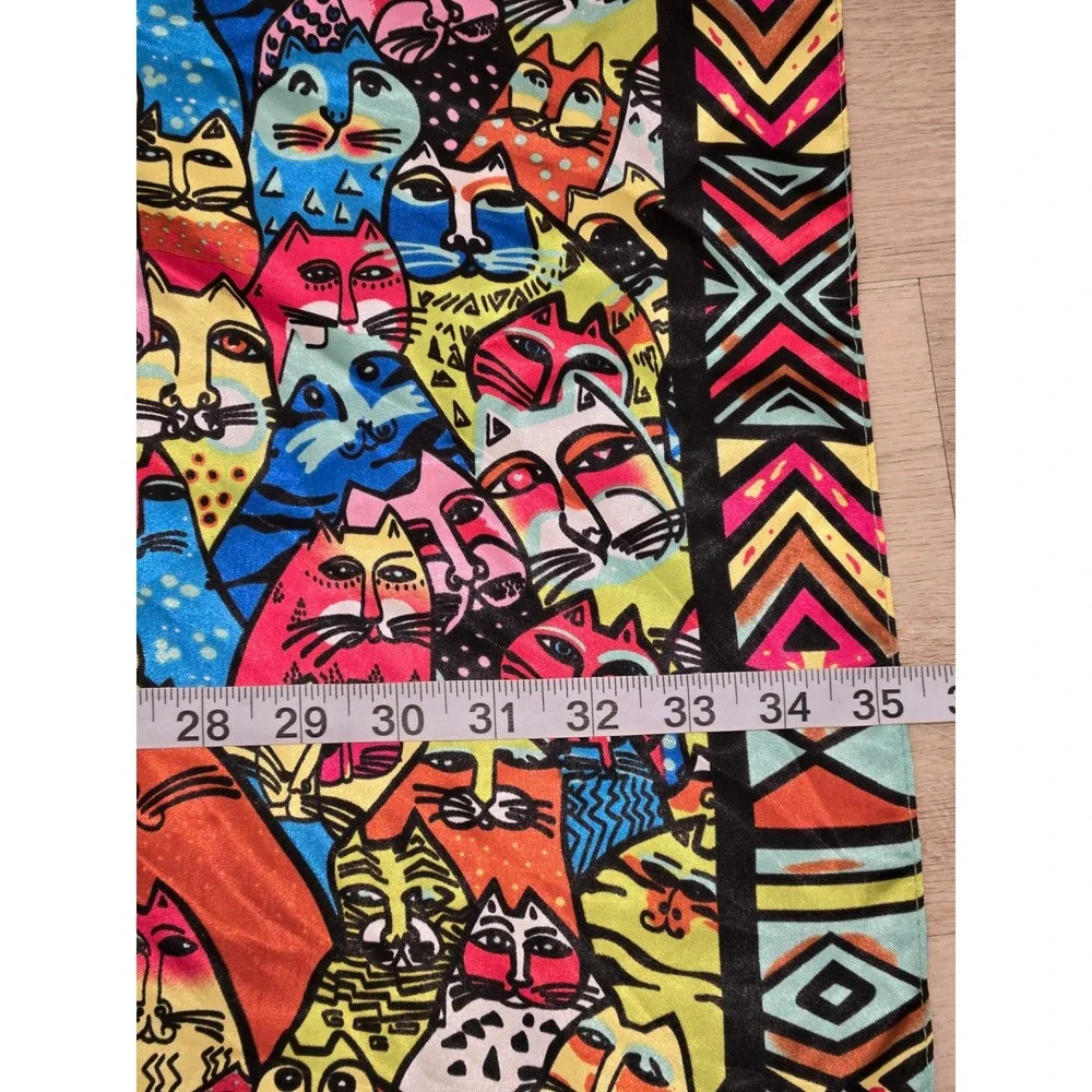Colorful Maximalist Cat Print Satin Square Scarf Multi Geometric Border 35x35